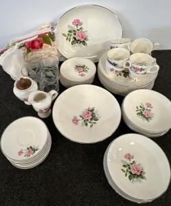 Taylor Smith & Taylor Summer Rose Dinnerware Set, Silver Trim, Plates, Cups, Platter, Glasses