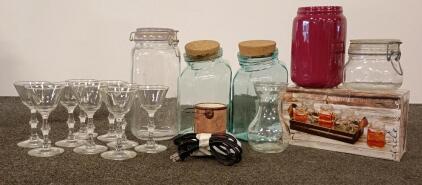 Assorted Glassware Set: Libbey-Style Cordials, Yorkshire Mini Mason Jars Set, Storage Jars, Mug Warmer