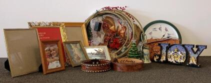 Large Mixed Decor Lot: Songbird Wall Clock, Leather Belts & Purse, Frames, Holiday & Western Items