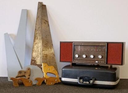 Vintage Hand Saws Lot &ndash; 2 Hand Saws, 3 Spare Blades, 4 Handles, Circular Saw Blade, 10-pc Set, SCM (Smith- Corona) Travel Briefcase Writer, GE (General Electric) Solid State Stereo (Does Not Play Music)