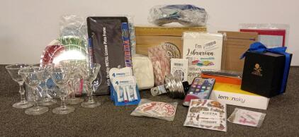 Large Assorted Household And Novelty Item Lot, Glassware, License Frames, Stickers, Toothbrush Heads