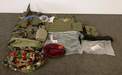 Complete Military Surplus Gear Set, XL Vest, Pouches, Canteen, Camo Hat, Beret, Web Harness