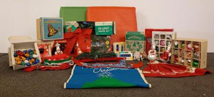 Vintage Christmas Lot: Shiny Brite Ornaments, GE Lights, Tree Topper, Musical Bell, 1950-70s, 2 Outdoor Cushions