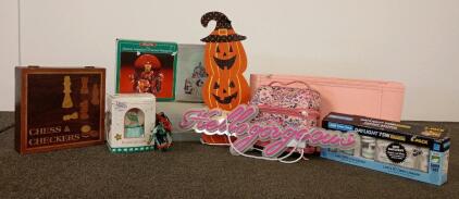 Household Decor Lot: Halloween Pumpkin, Neon Sign, Sylvania Bulbs, Chess Set, Organizers, Globes