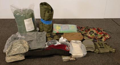 Military Surplus Lot: USGI Sleeping Bag, Canteen, Pouches, ACU Cap, Mosquito Net, Beret