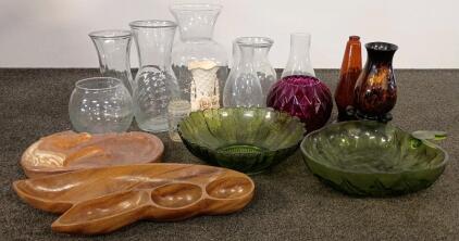 Assorted Vintage Glass Vases, Bowls, Candle Lamp, Wood & Ceramic Trays, 14-Piece Decorative Lot