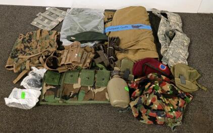 Mixed Military Surplus Lot W/ MOLLE Chest Rig, Canteen, Hammock Cover, Pouches, Berets & More