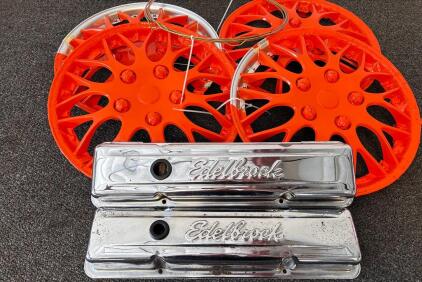 Set Of Four 16" Orange Full Wheel Covers with Chrome Trim, 5-Lug Universal Fit, Part 8098 and Edelbrock Chrome Valve Covers Chevy Big Block V8, Tall Style, Perimeter Bolt, Pair