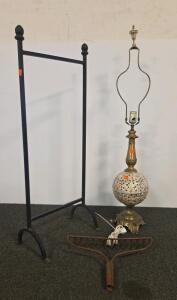 Vintage Metal Quilt Rack, Ornate 32" Filigree Table Lamp, 18" Steel Rake Head, 14 Tines