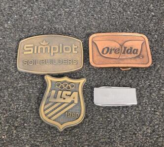 Simplot, Ore-Ida & 1980 USA Olympics Belt Buckle Lot With Money Clip - Vintage Collectible Set