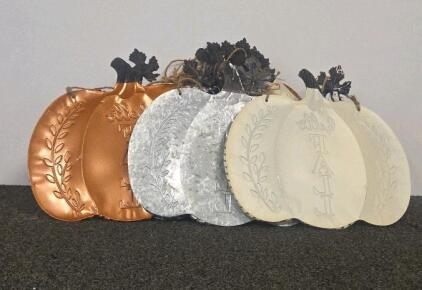 Metal Pumpkin Wall Hanging Sign 13.5"x11" Galvanized, White & Copper &ndash; "Hello Fall" Decor