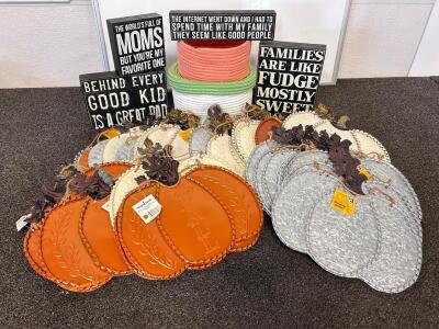 Inspirational Box Sign Set & Woven Storage Baskets with Avocado Accent and Lid, And Fall Motif Metal Decor Signs