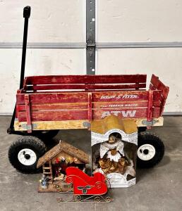 Radio Flyer ATW All-Terrain Wooden Wagon, Pneumatic Tires, 200 lb Capacity, 40.5"x20.5"x37.4", Collectible Angel Figurine, Santa Sleigh, And Nativity Scene