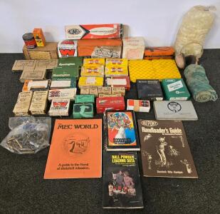 Vintage Reloading Supplies Lot: Lyman Tools, RCBS/Herter's Dies, Scales, Primers, Manuals