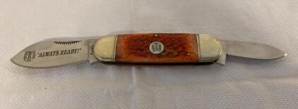 Rough Ryder Trapper Folding Pocket Knife, Jigged Bone Handle, "ALWAYS READY!" Etched Blade, 2 Blades
