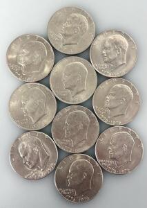 10 Eisenhower Dollar Coins &ndash; 1971, 1972, 1974, Bicentennial 1776-1976, Mixed Mints, Circulated