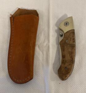 Folding Pocket Knife, Stainless Blade, Wood Handle, Leather Sheath, Thumb Stud, 3.25" Blade