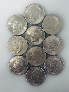 Lot Of 10 Eisenhower Dollar Coins &ndash; 1776-1976 Bicentennial & 1977, Copper-Nickel, Various Mints
