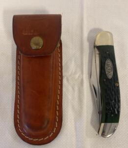 KA-BAR Knife Collectors Club 2-Blade Folding Pocket Knife, 1996, Green Handle, With Sheath
