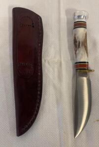 Marble's Woodcraft Fixed Blade Hunting Knife, Stag Handle, 4.5" Blade, Leather Sheath, USA