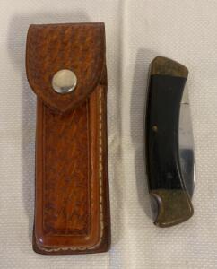 Browning Folding Knife, Japan, Stainless, Brass & Wood Handle, Leather Sheath, ~3.75" Blade