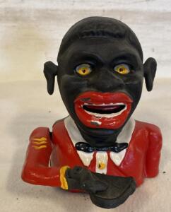 Vintage Cast Iron Jolly Boy Mechanical Coin Bank, Lever-Activated, 6.5" Tall