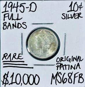 1945-D Mercury Dime Full Bands, Silver, Denver Mint, MS68FB Claimed, Rare Key Date