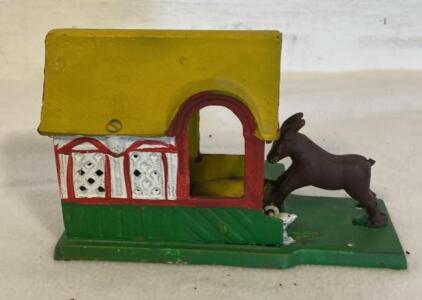 Antique Cast Iron Donkey and House Mechanical Bank, Multi-Color, 7" x 3" x 5"