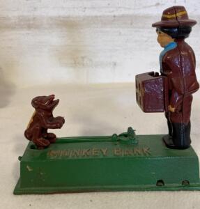 Mechanical Monkey Bank Cast Iron Coin Bank, Green & Brown, Lever Mechanism, 8" Length