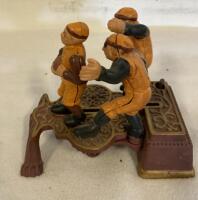 Cast Iron Mechanical Football Bank, 3 Player Design, Orange Uniforms, Vintage Repro Style, C. 1970s-90s - 3