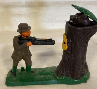 Hunter & Bear Tree Cast Iron Mechanical Coin Bank, 8"x7.5", Repainted, Hinged Leaf Feature