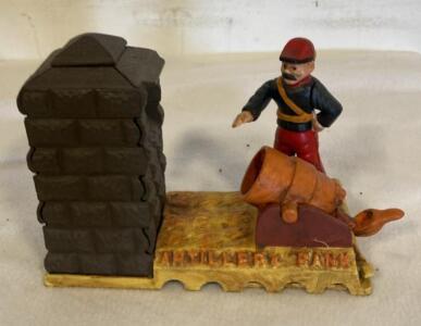 Artillery Bank Mechanical Cast Iron Coin Bank by J&E Stevens, 9"x4"x6",