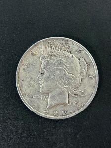 1922 Peace Silver Dollar, U.S. Mint, 90% Silver, Philadelphia, Circulated Condition