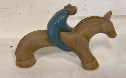 Mark Black Signed Ceramic Sculpture 1985 &ndash; Girl On Horse, Stoneware Figurine, Modern Art