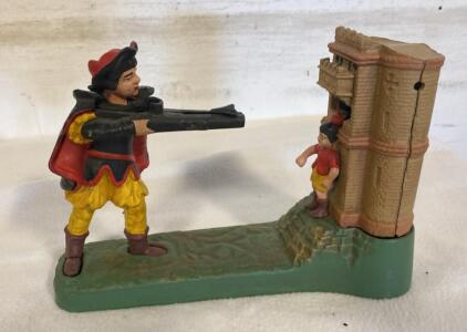 William Tell Cast Iron Mechanical Bank, Castle Scene, 10.5" Length, Reproduction, Painted
