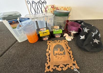 Mixed Lot: Storage Containers, Decor, Grip Rite Nails, Buckets, 1-Gal Water Jug, Wood Art