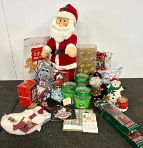 Large Christmas Decor Lot: Trim A Home Candles, Santa Figures, Canisters, Plaques, Stocking, And More