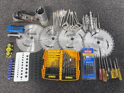 Woodworking & Drill Accessory Lot w/ 7-1/4" Blades, DeWalt, Ryobi, Block Plane, Bits, More