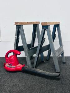 Troy-Bilt TB180B Corded Leaf Blower 180 MPH (Tested And Works) & Iron Horse II Folding Metal Sawhorses (Pair)