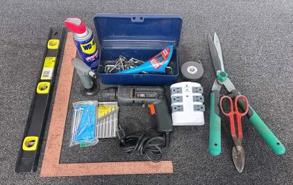 Mixed Lot: Black & Decker D2000 Drill (Tested And Works), Stanley Level, Olympia Screwdrivers, Toolbox, Hand Tools