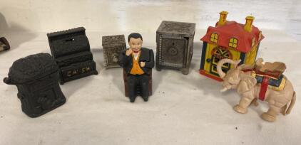 Antique Cast Iron Coin Bank Collection &ndash; 7 Pcs, Mechanical & Still, Elephant, Register, Safe