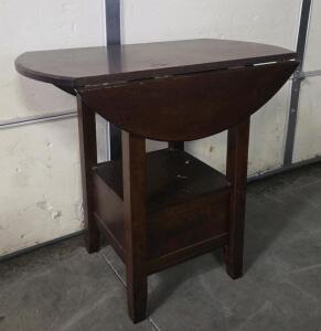 Drop-Leaf Solid Wood Side Table With Drawer And Shelf, Hinged Leaves, Dark Brown Finish