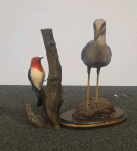 Alexander Wildfowl Series Hand-Carved Red-Headed Woodpecker & Heron Bird Sculptures, 1986, Signed