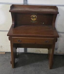 Vintage Wooden School Desk With Drawer, Hutch Shelf, Emblem, Circa 1930s-50s, 32"x20"x38"