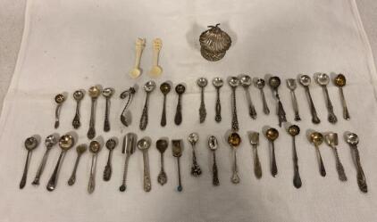 Large Lot of 39 Vintage Miniature Souvenir Silver Spoons, Salt Spoons, Ladle, Shell Salt Cellar - Most Marked Sterling
