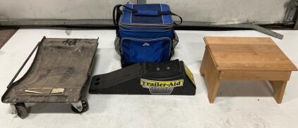 Garage Utility Lot: Harbor Freight 1000lb Dolly, Trailer-Aid Ramp, Cooler Bag, Wood Step Stool