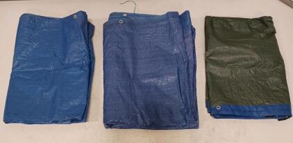 3 Poly Tarps Blue and Green, ~8x10 ft, Aluminum Grommets, Waterproof, Woven Polyethylene