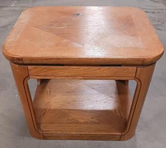 Solid Oak End Table, Geometric Pattern, 24" Square, Open Shelf, 1980s Contemporary Style