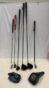 Mixed Golf Club Lot: TaylorMade Rossa & Dynacraft Putters, Warrior Drivers, MG & Affinity Covers, Swing Trainer