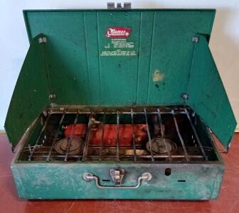 Coleman Two-Burner Camp Stove, Green, Liquid Fuel, Integrated Wind Guards